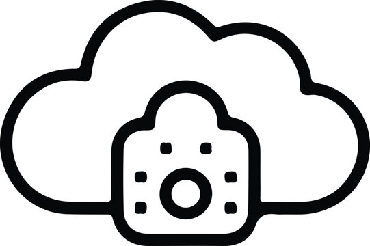 Cloud Storage Backup Camera Database Icon, Simple line icon showing cloud storage connected to a database and camera, representing backup, data sync, and media storage technology.