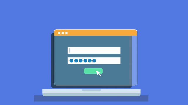 Animated sequence of login form leading to success confirmation and cloud file management dashboard with video and folder interface on laptop.