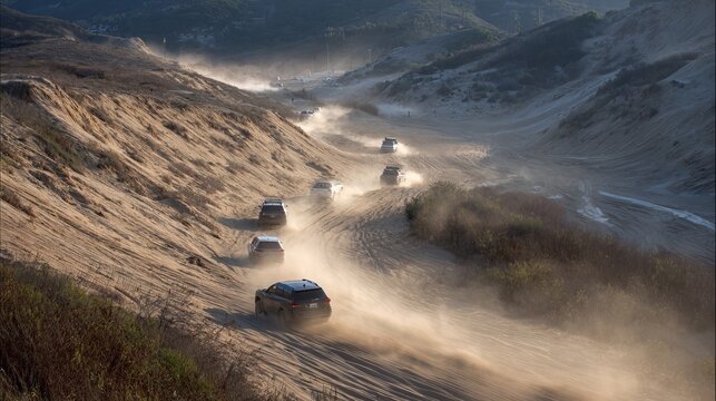 Cars with four-wheel drive slide sideways across sandy hills.