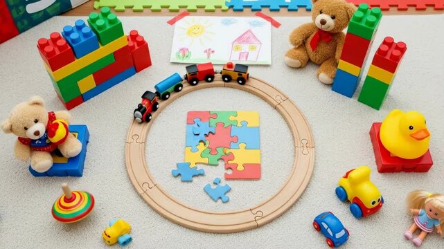 Toys and blocks on a table.