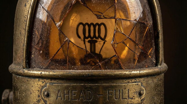 Close up of a vintage brass nautical engine order telegraph with a shattered glass lens revealing internal light bulb and filament