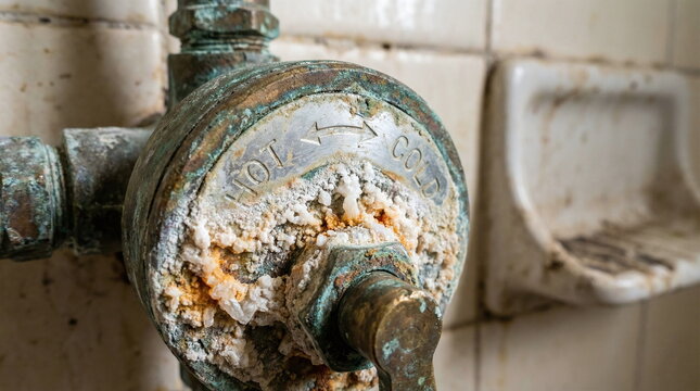 Close-up of a vintage shower mixer valve covered in heavy limescale and mineral deposits in a weathered bathroom