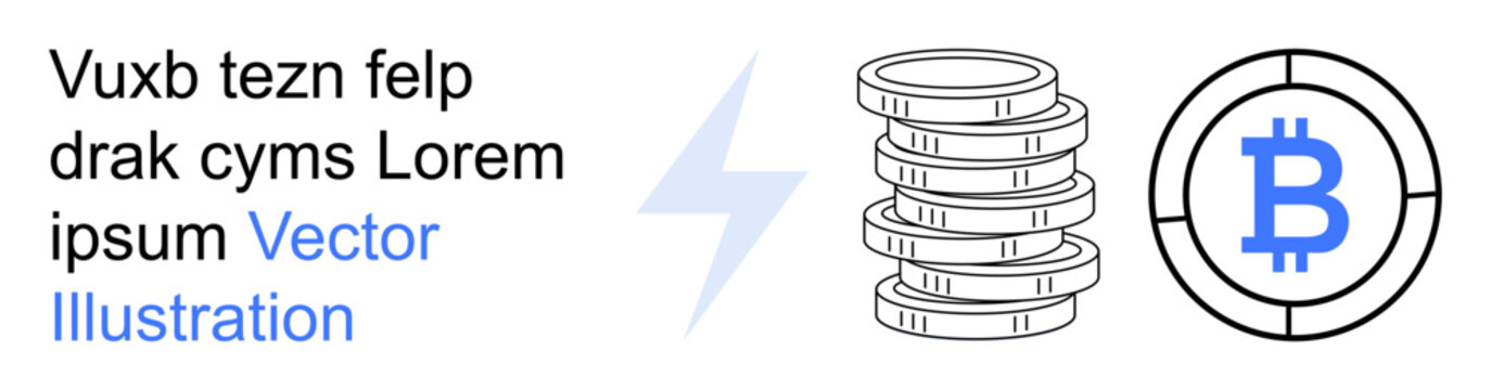 Cryptocurrency, blockchain, digital currency, e-commerce, fintech, investment. Lightning bolt, stacked coins Bitcoin symbol. Cryptocurrency and blockchain concept