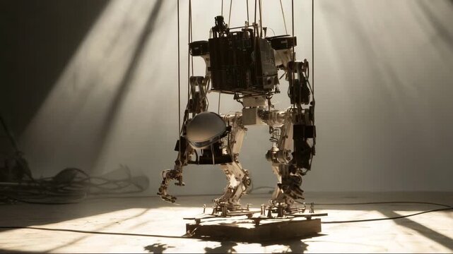 Robotic puppet displayed under dramatic light in studio setting  