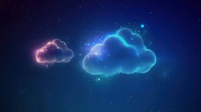 Futuristic glowing cloud network symbolizing smart city technology and digital connections in a cosmic night sky