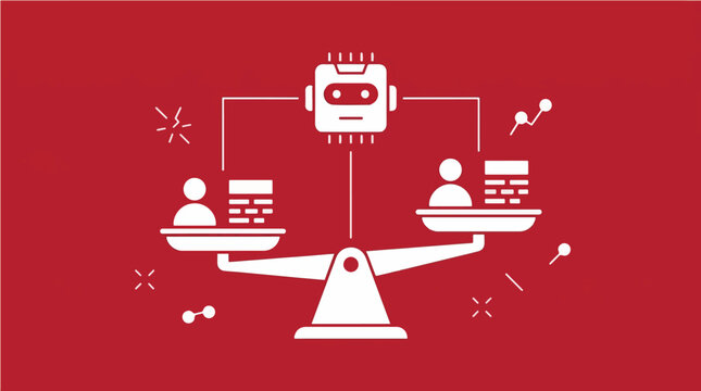 Artificial Intelligence Bias Problem with Unbalanced Robotic Scale Representing Unfair Algorithm Decisions &ndash; Vector Illustration