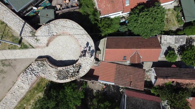 Drone flight above the Gardos tower, Saint Nicholas church, Zemun, Belgrade, Serbia. 4K.