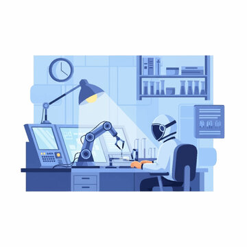 Automated Scientific Research Lab with Robot Scientist Operating Robotic Arm and Computers