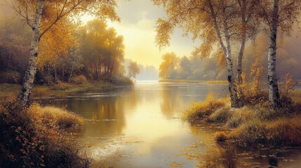 Obraz premium Golden Autumn Lake Scene with Reflecting Trees and Warm Sunlight on a Picturesque Fall Day