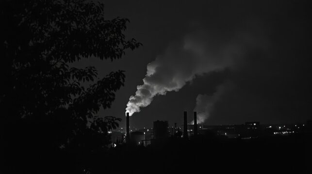 Industrial factory chimneys releasing plumes of smoke into the night sky, highlighting environmental pollution.