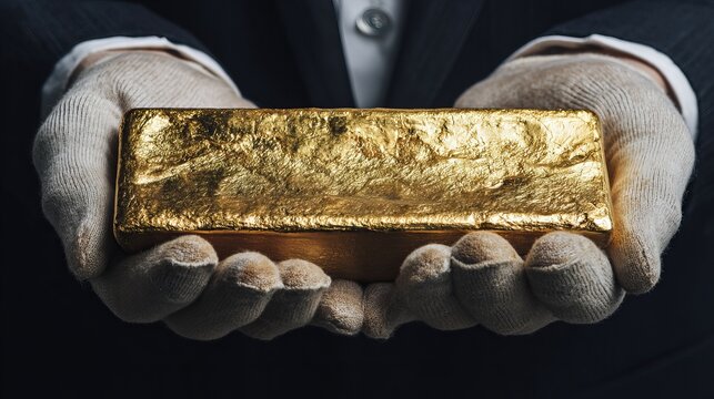 Manager's gloved hands hold gold bar, showing national reserves. This represents savings, investments, business, and finance.