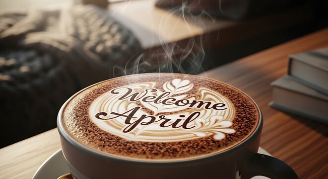 welcome april latte art with steaming coffee cup on wooden table