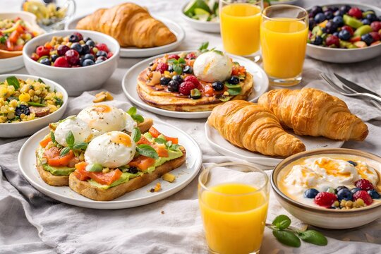 Delicious breakfast spread featuring avocado toast, pancakes, and croissants