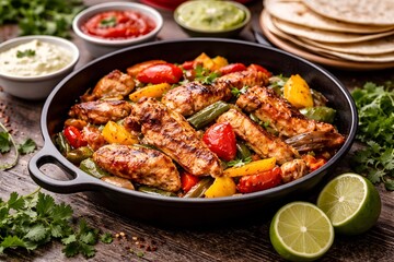 Fototapeta premium Chicken fajitas skillet with peppers, lime, and cilantro