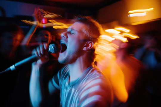 Excited man singing into a microphone in front of people at a underground night club. Motion blur effect. Young male is singing in front of an audience, partying with friends in karaoke.