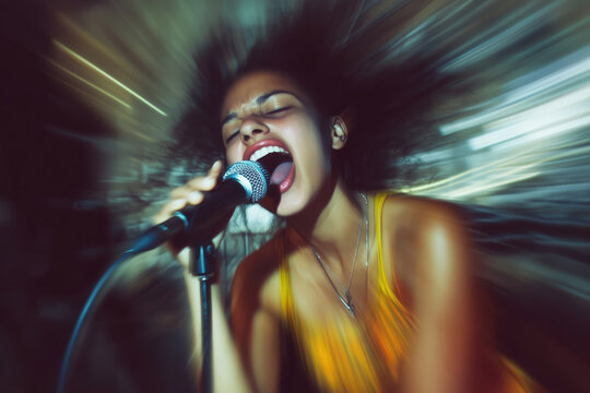 Young beautiful mixed race woman sings into a microphone in karaoke. African American female singing a rock song on stage. Motion blur effect.