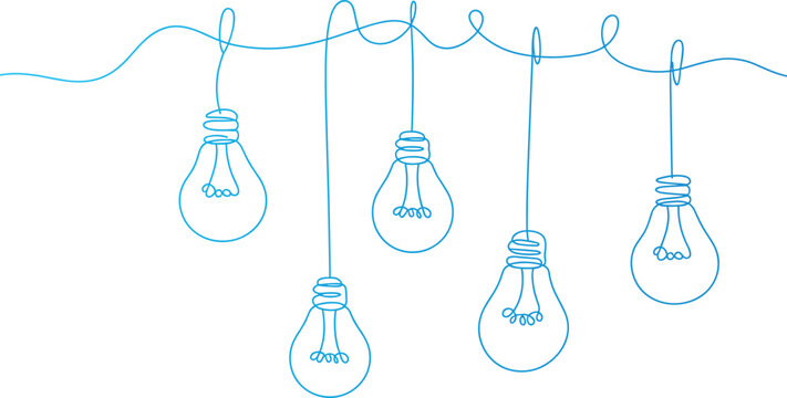 Five light bulbs hanging from a wavy string in a minimalist design