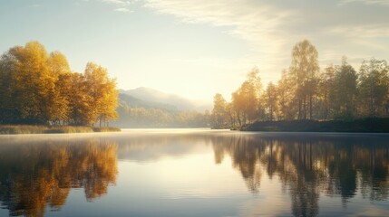 Obraz premium Tranquil Autumn Lake with Vibrant Yellow Trees Reflecting in Calm Water Under a Hazy Sunlight