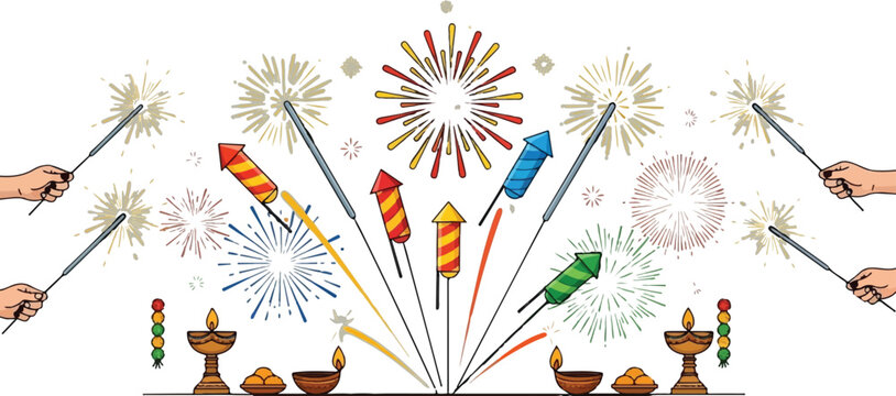 Festive diwali celebration illustration with hands holding sparklers and colorful firework rockets