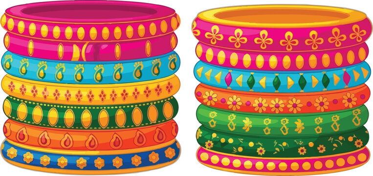 A vibrant digital illustration featuring two stacks of colorful indian bangles with ornate patterns