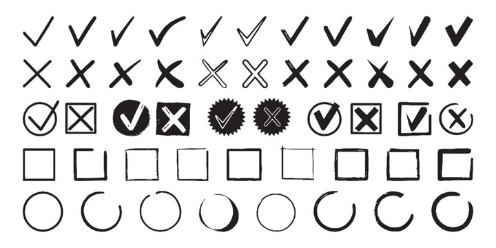 Hand drawn check marks crosses circles and boxes set, sketch style validation icons collection for design, forms, and user interfaces.