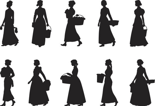 Set of black silhouettes featuring vintage Victorian peasant women carrying baskets and buckets for historical rural village life vector design isolated