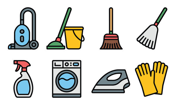 Flat lay cleaning supplies set with vacuum, mop, detergent, iron, gloves, and washing machine icons on white background