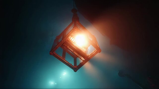 Underwater lantern illuminating dark depths with soft blue light  