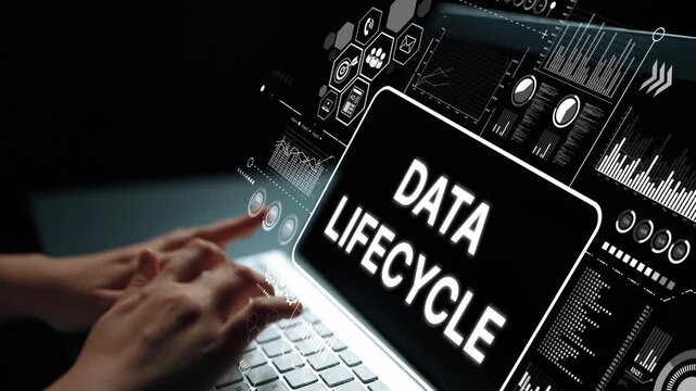 Data Lifecycle Management Visualization with Hands Typing on Keyboard and Digital Graphics Background. Asymptotic smart data analytic.