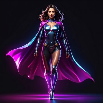 Blue Neon Superhero in Dynamic Pose with Glowing Purple Cape &mdash; Power, Justice, and Futuristic Hero Concept