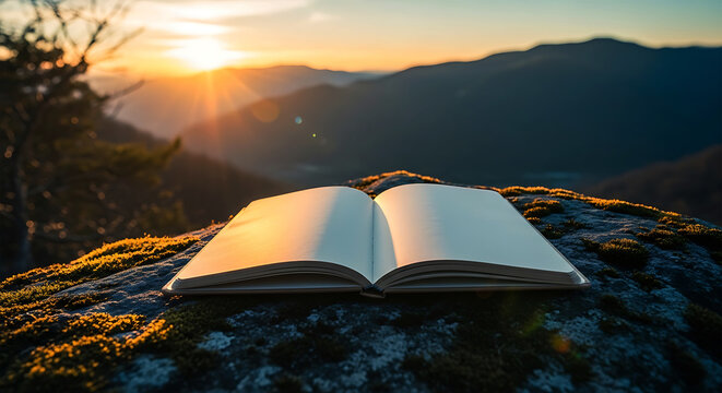 Open blank book resting on mossy rock at golden hour sunset over mountains open book