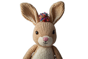Fototapeta premium Knitted rabbit toy featuring a colorful pompom on its head, a cute amigurumi craft with a soft texture, transparent background