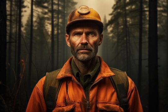 Firefighter wearing helmet and orange jacket looking directly at camera with blurred forest background