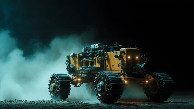 Heavy-duty yellow vehicle moving through smoke at night  