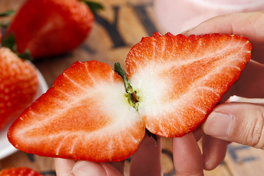 Fresh Cut Strawberry Halves Showing Juicy Interior - Healthy Fruit Choice Rich in Vitamins