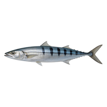 Narrow-barred Spanish mackerel fish displays its elongated silver body and dark vertical stripes on a clean white background.