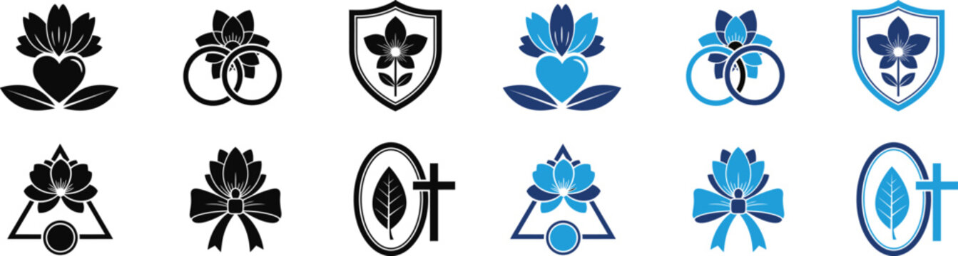 Collection of heraldic crests and coats of arms with fleur de lis and bow designs