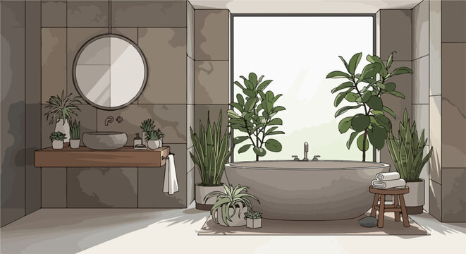 Modern bathroom design featuring elegant bathtub with lush green plants beside large window. Spacious modern bathroom layout includes a round mirror above stylish sink and wooden vanity.