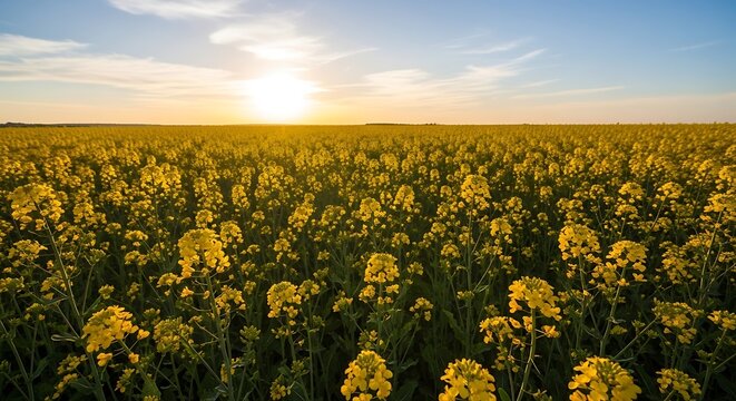 Vibrant yellow flower field under sunny sky at sunset scenic landscape