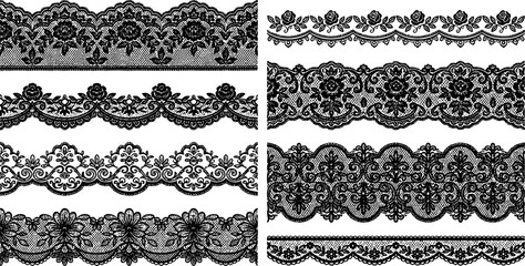 Fototapeta premium Vintage Lace Pattern Set with Seamless Borders, Elegant Black Lace Trim, Wedding Decoration Vector Illustrationdecorative floral lace elements, classic Victorian-inspired designs,