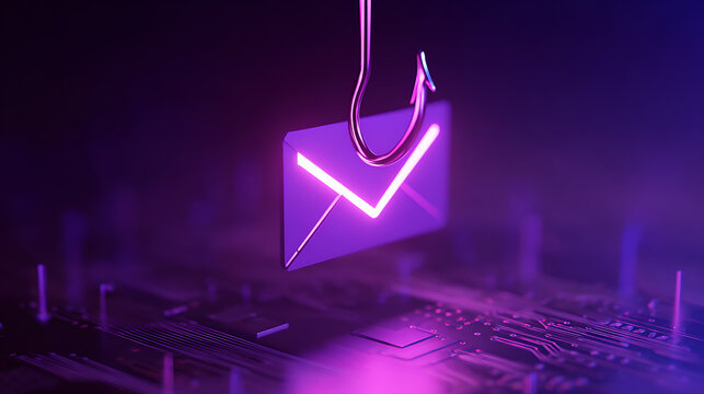 Digital Hook Catching Glowing Email Icon Over Circuit Board - Cyber Security Threat, Phishing Attack, and Data Scam Concept