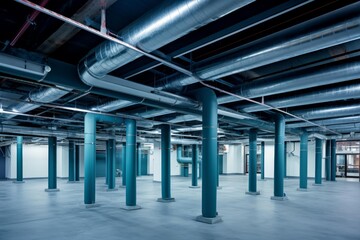 Obraz premium Ventilation ducts and teal columns defining an open, industrial architectural interior