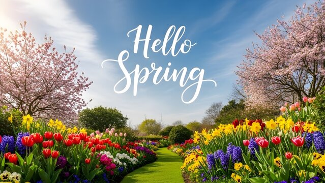 A vibrant and scenic spring landscape featuring a lush garden path lined with colorful tulips, daffodils and hyacinths under a clear blue sky. Pink cherry blossom trees and elegant "Hello Spring" typo