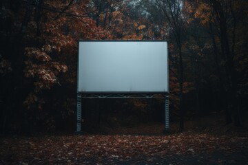 Fototapeta premium Blank billboard standing in a dark autumn forest surrounded by fall leaves and trees