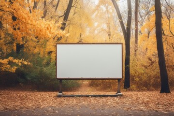 Fototapeta premium Empty billboard in a scenic autumn forest with colorful yellow leaves covering the ground
