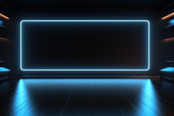 Fototapeta premium Empty futuristic black room displaying a glowing blue neon frame on a wall