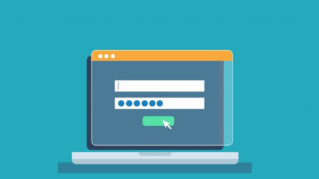 Animated sequence of login form leading to success confirmation and cloud dashboard display on a laptop with data analytics and file management interface.
