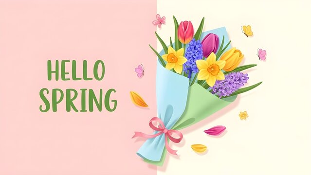 A vibrant and cheerful floral illustration featuring a bouquet of tulips, daffodils, and hyacinths wrapped in blue & green paper and tied with a pink ribbon on a dual-tone pink and cream background.