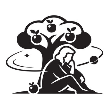 Scientist sitting under apple tree &ndash; gravity idea design