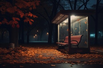 Fototapeta premium Park bus stop illuminated at night, surrounded by fallen autumn leaves